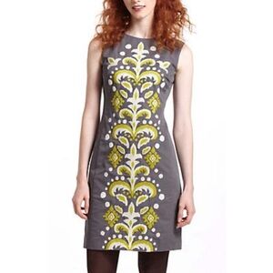 Tabitha Anthropologie Fountain Shift dress gray yellow embroidered sleeveless